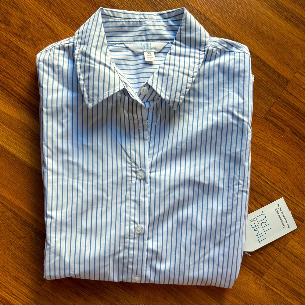 Time and tru xs blue and white striped button up